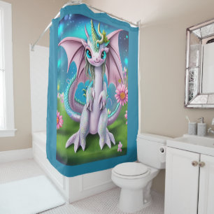 Cute Smiling Baby Dragon with Flowers Shower Curtain