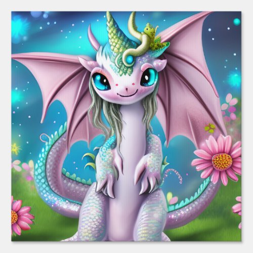 Cute Smiling Baby Dragon with Flowers  Sign