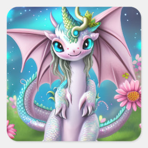 Cute Smiling Baby Dragon with Flowers Square Sticker
