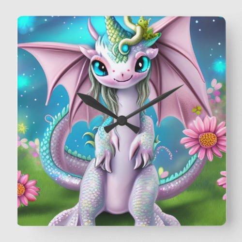 Cute Smiling Baby Dragon with Flowers  Square Wall Clock