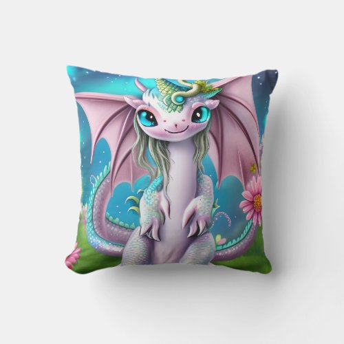 Cute Smiling Baby Dragon with Flowers  Throw Pillow