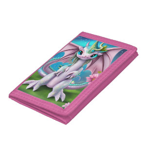 Cute Smiling Baby Dragon with Flowers  Tri-fold Wallet