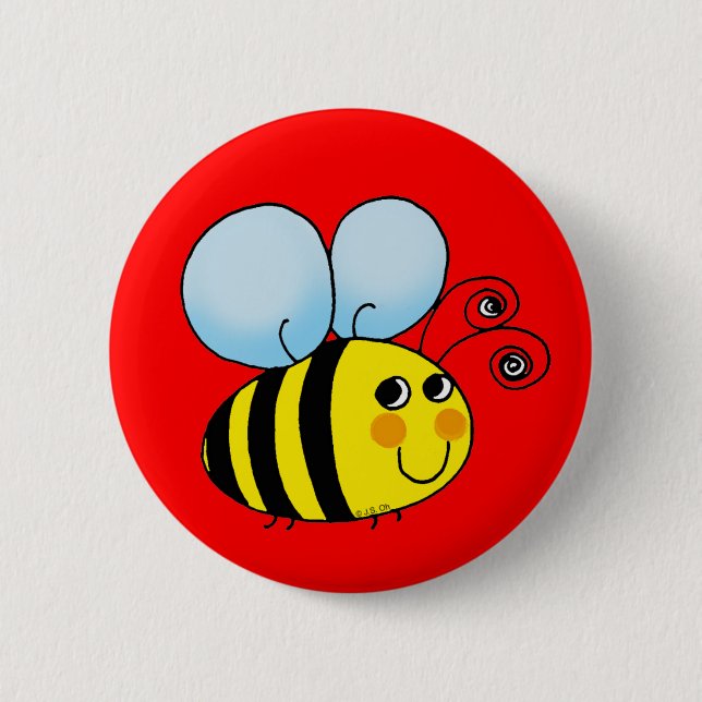 Cute Smiling Bee on Bright Red  Pinback Button (Front)