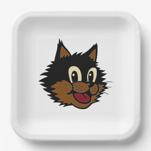 CUTE SMILING BLACK AND BROWN NAUGHTY CAT PAPER PLATES (Front)