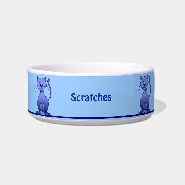 Cute Smiling Blue Cat Personalized Pet Bowl (Front)