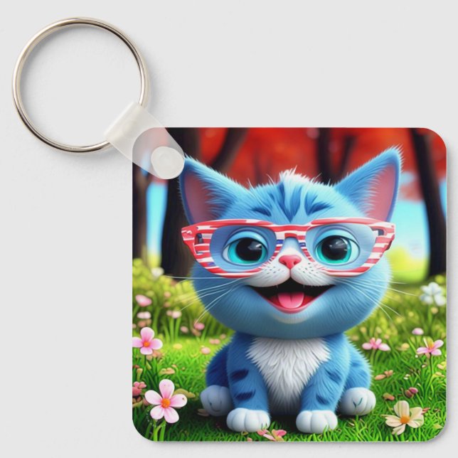 Cute Smiling Blue Kitten-55665 Keychain (Front)