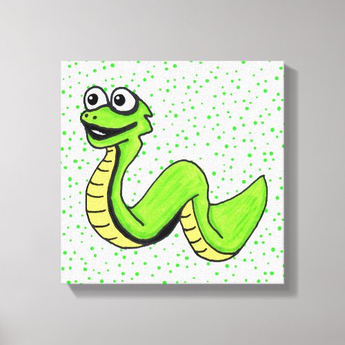 Cute Smiling Bright Green Cartoon snake Polka dots Canvas Print