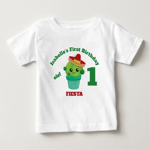 Cute Smiling Cactus in Red Sombrero First Birthday Baby T_Shirt