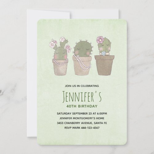 Cute Smiling Cactus Trio Watercolor Birthday Invitation