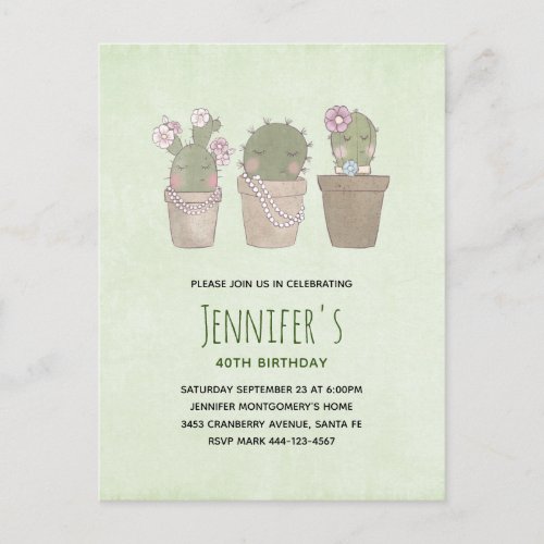 Cute Smiling Cactus Trio Watercolor Birthday Invitation Postcard