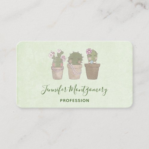 Cute Smiling Cactus Trio Watercolor Design Business Card