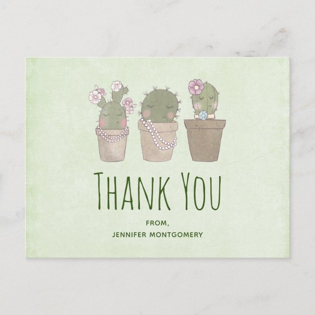 Cute Smiling Cactus Trio Watercolor Thank You Postcard (Front)
