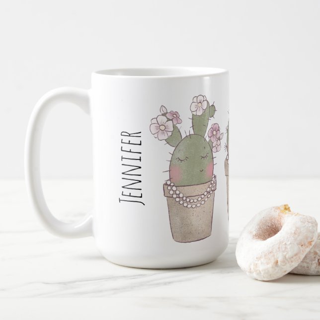 Cute Smiling Cactus Trio Wearing Jewelry Coffee Mug (With Donut)