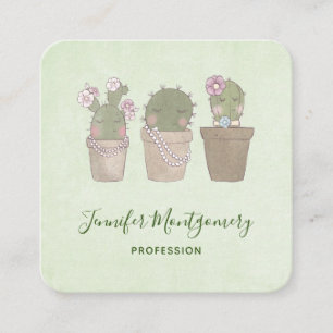 Cute Smiling Cactus Wearing Jewelry Watercolor Square Business Card
