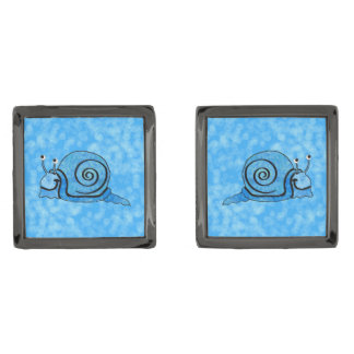 Cute Smiling Cartoon Blue Snail Gunmetal Finish Cufflinks