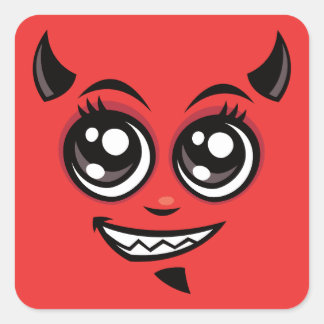 Cute Smiling Cartoon Devil Face Square Sticker