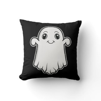Cute Smiling Cartoon Ghost Halloween Black White Throw Pillow