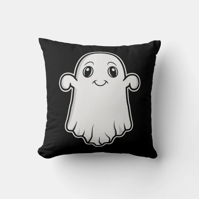 Cute Smiling Cartoon Ghost Halloween Black White Throw Pillow (Front)