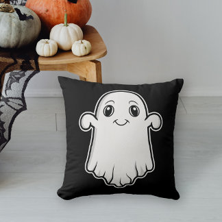 Cute Smiling Cartoon Ghost Halloween Black White Throw Pillow