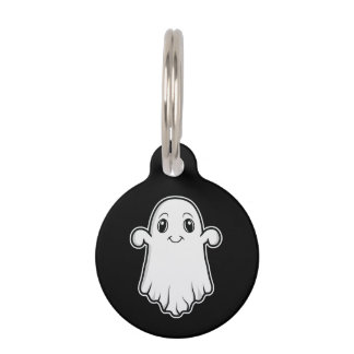 Cute Smiling Cartoon Ghost Spirit On Black Pet ID Tag