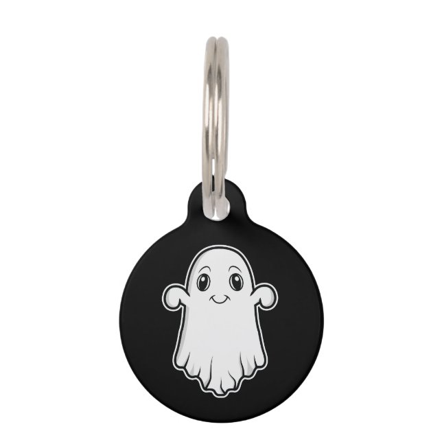 Cute Smiling Cartoon Ghost Spirit On Black Pet ID Tag (Front)