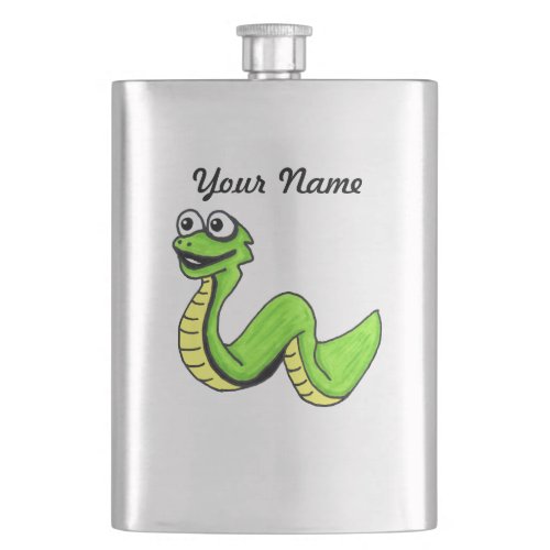 Cute Smiling Cartoon Green Yellow Snake Hip Flask