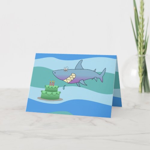 Cute Smiling Cartoon Shark With Cake Birthday Card