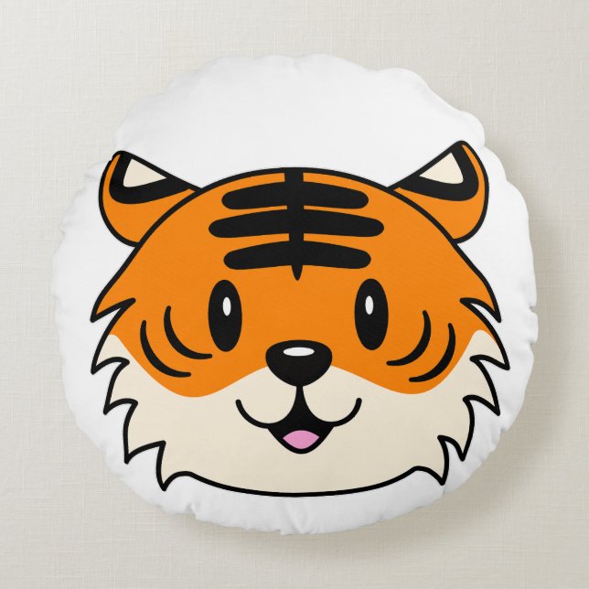 Cute Smiling Cartoon Tiger Round Pillow (Front)
