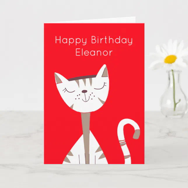 Cute Smiling Cat Name Red Happy Birthday Card Zazzle