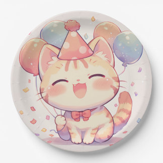 Cute Smiling Cat with Balloons Birthday Paper Plat Plates