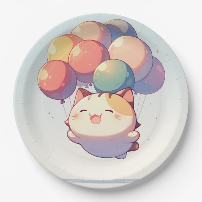 Cute Smiling Cat with Balloons Birthday Paper Plat Plates (Front)