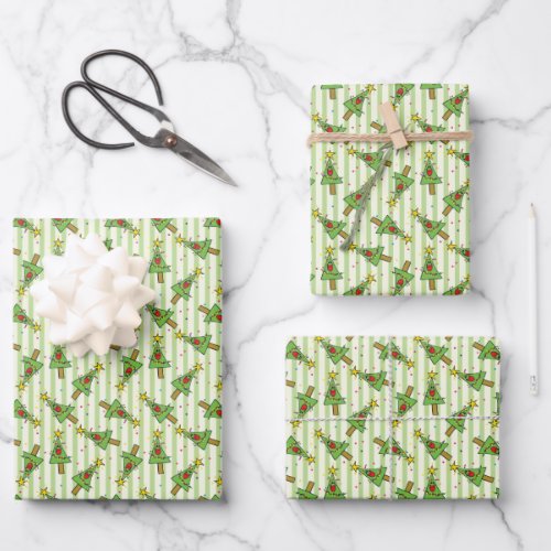Cute Smiling Christmas Tree Pattern Wrapping Paper Sheets