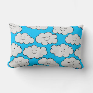 Cute Smiling Clouds on a Bright Blue Background Lumbar Pillow