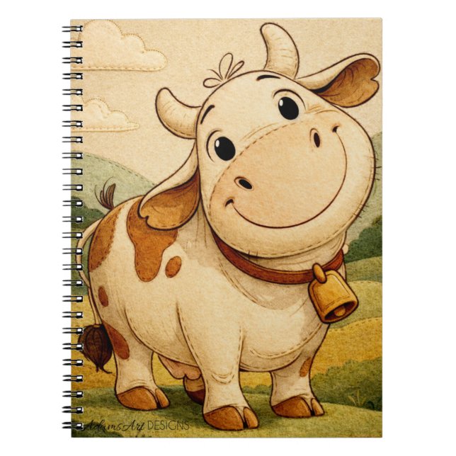 Cute Smiling Cow Rustic Farm Illustration Notebook (Front)