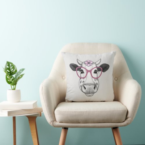 Cute smiling cow with glasses throw pillow