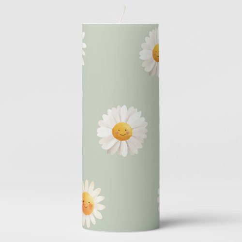 Cute Smiling Daisy Pattern Happy Floral Spring Pillar Candle