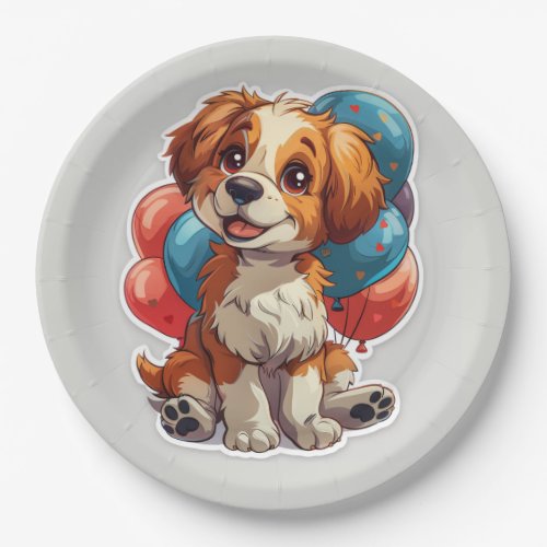 Cute Smiling Dog Balloons Birthday Paper Plate
