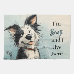 Cute Smiling Dog Illustration with Custom Name Kitchen Towel