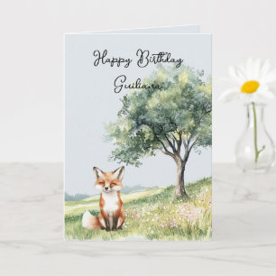 Cute Smiling Fox Field of Flowers Tree Birthday Card