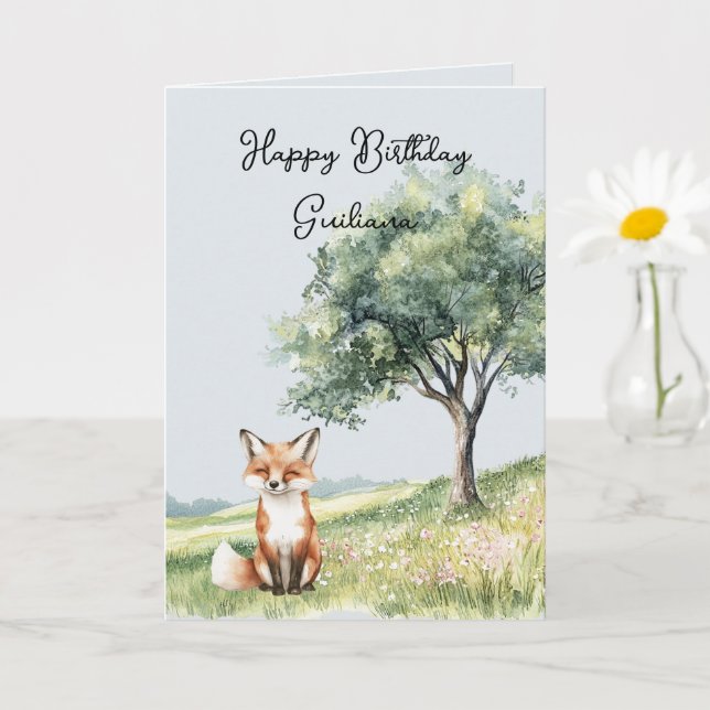 Cute Smiling Fox Field of Flowers Tree Birthday Card (Small Plant)