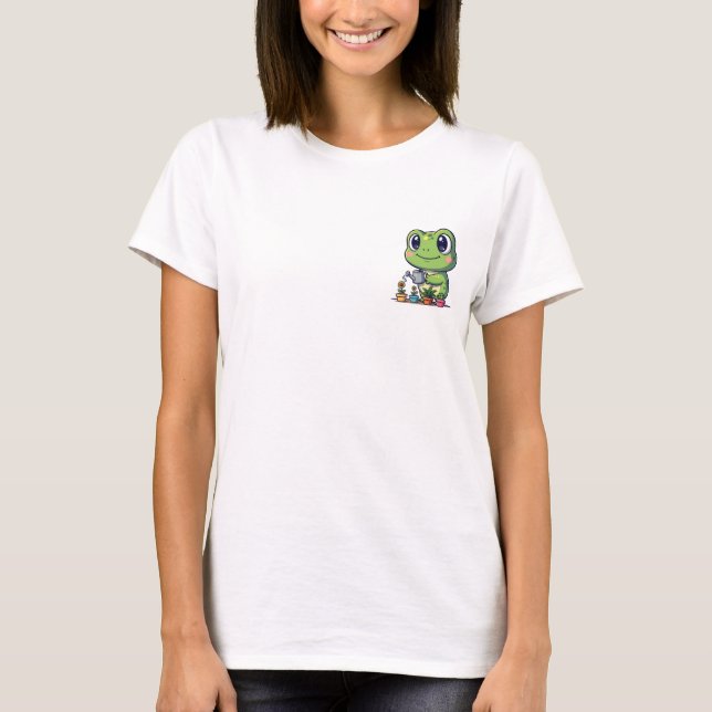 Cute Smiling Frog Watering Small Potted Plants T-Shirt (Front)