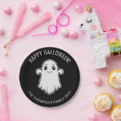 Cute Smiling Ghost Happy Halloween Black And White Paper Plates (Party)