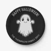 Cute Smiling Ghost Happy Halloween Black And White Paper Plates (Front)