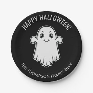 Cute Smiling Ghost Happy Halloween Black And White Paper Plates