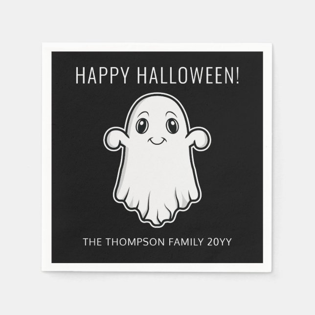 Cute Smiling Ghost Happy Halloween Custom Text Napkins (Front)