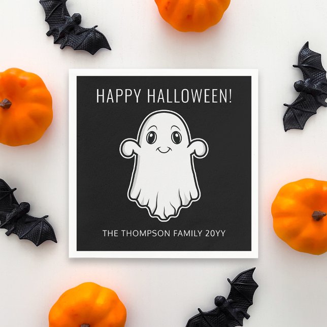 Cute Smiling Ghost Happy Halloween Custom Text Napkins (Cute design for the Halloween season.)