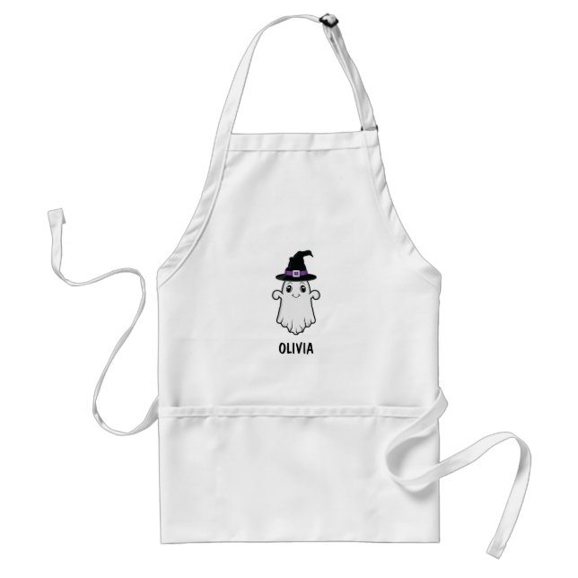 Cute Smiling Ghost Wearing A Witch Hat Halloween Adult Apron (Front)