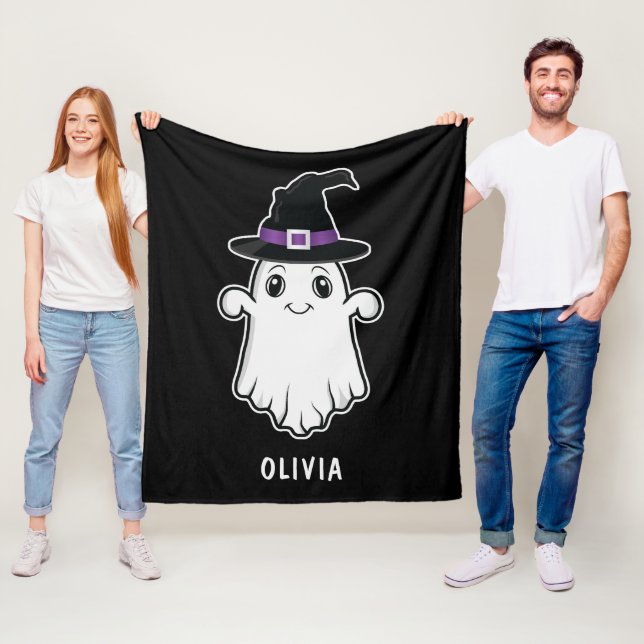 Cute Smiling Ghost Wearing A Witch Hat Halloween Fleece Blanket (In Situ)