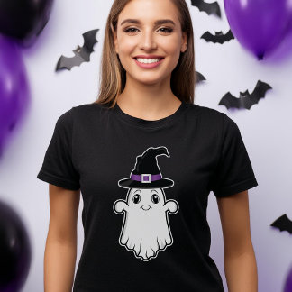 Cute Smiling Ghost Wearing A Witch Hat Halloween T-Shirt