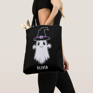 Cute Smiling Ghost Wearing A Witch Hat Halloween Tote Bag